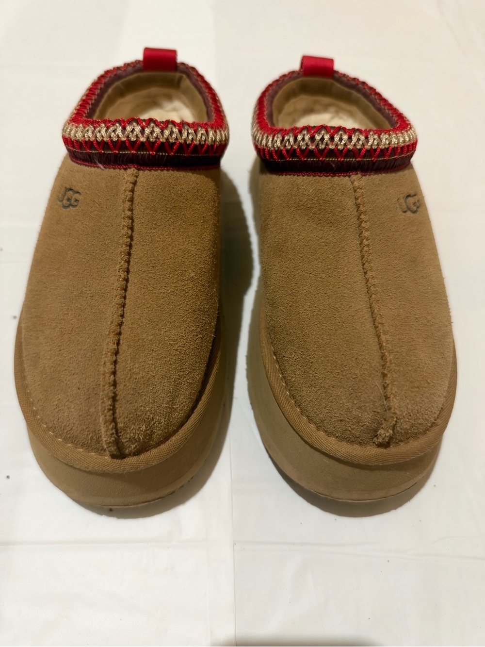 UGG Women’s Chestnut Suede Slip-On Loafers with Red Trim